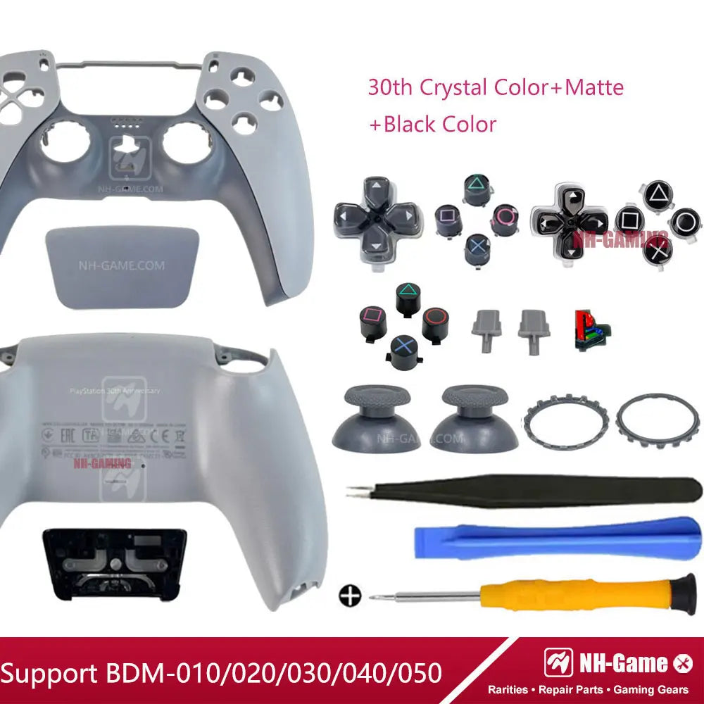 PS5 Controller Shell Repair Kit – Crystal Black Housing with Color Buttons (BDM-010/020/030/040/050 Compatible)