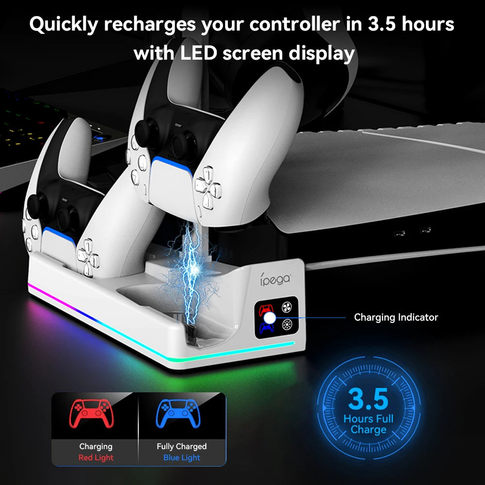 PS5 Slim Cooling & Charging Station – RGB Stand with Dual Controller Charger, Headset Holder & Game Organizer