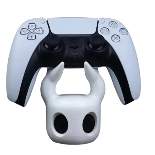 White universal HollowKnight-style controller stand for gaming setups