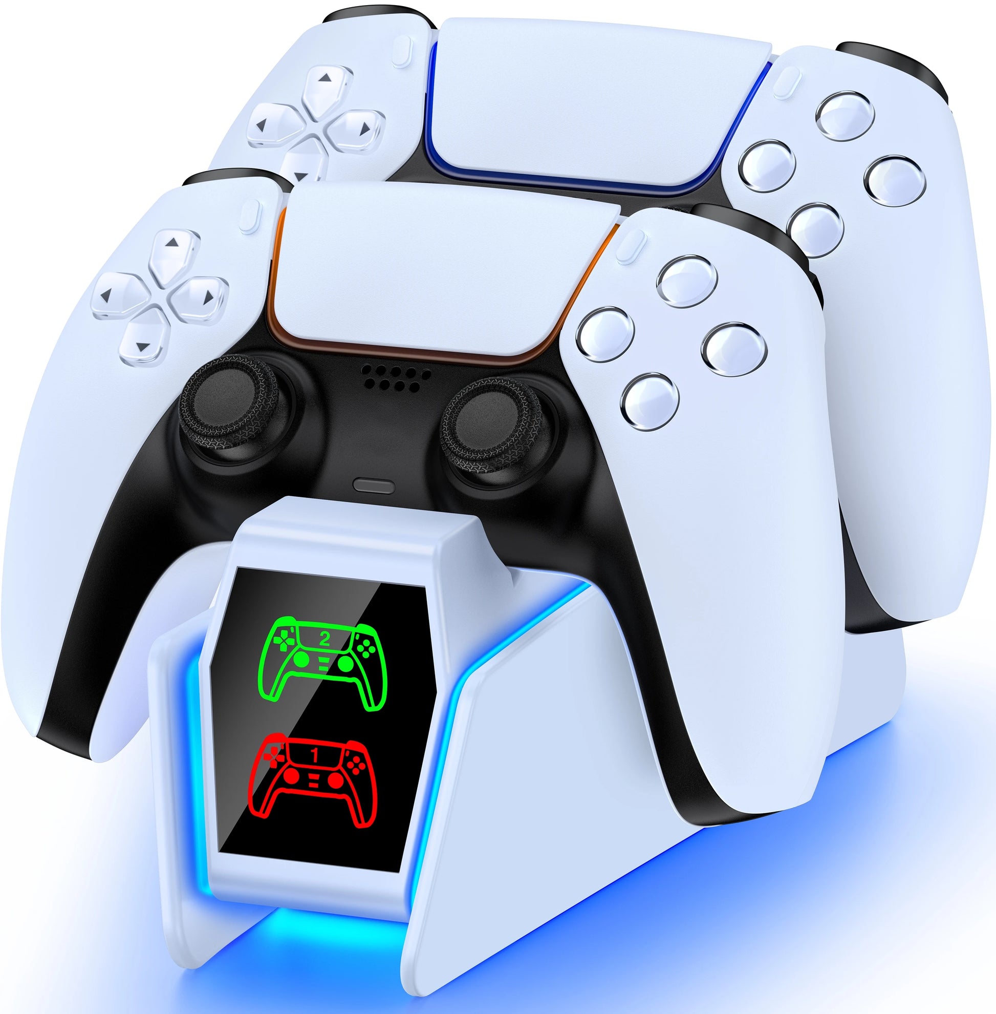 ps5 dualsense led charging stand with iron style helmet design and orange blue breathing light modes holding two controllers