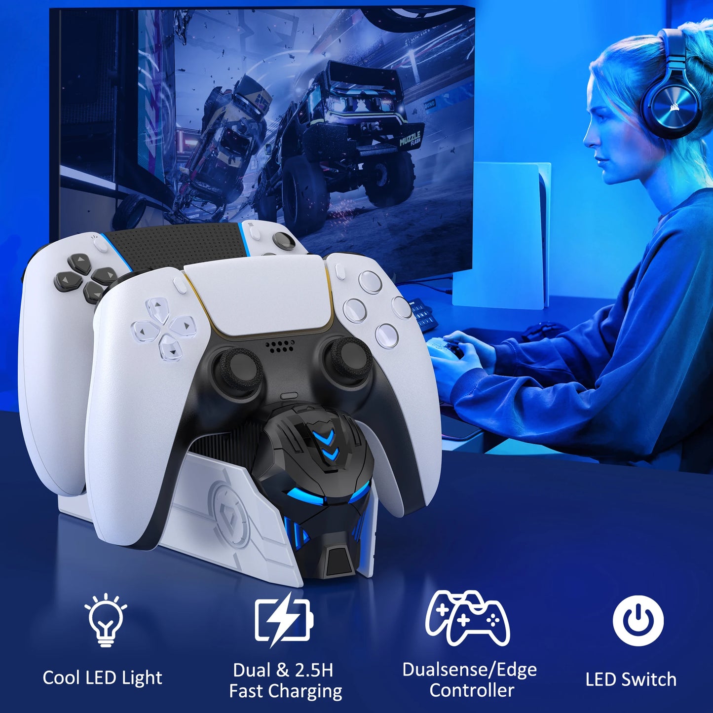 PS5 DualSense LED Charging Stand – Iron-Style Helmet Base with Breathing Light Modes