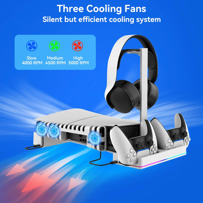 PS5 Slim Cooling & Charging Station – RGB Stand with Dual Controller Charger, Headset Holder & Game Organizer