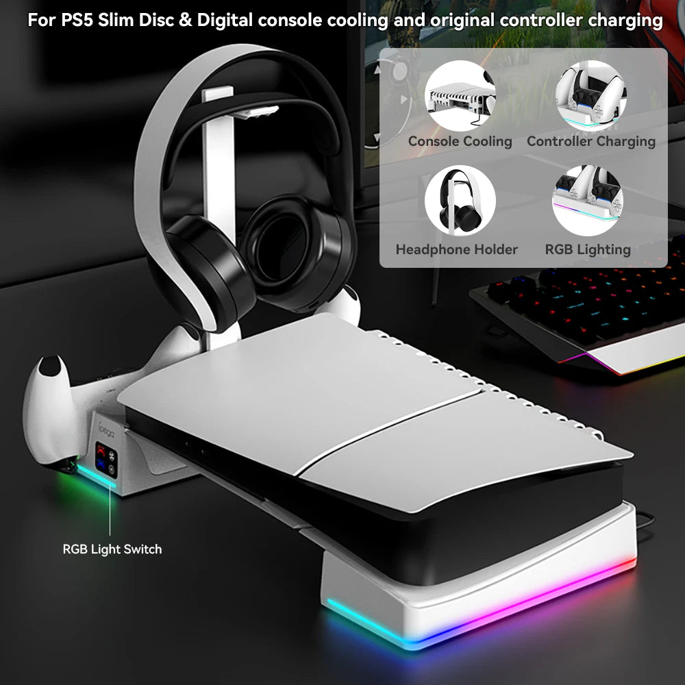 PS5 Slim Cooling & Charging Station – RGB Stand with Dual Controller Charger, Headset Holder & Game Organizer