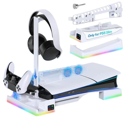 PS5 Slim Cooling & Charging Station – RGB Stand with Dual Controller Charger, Headset Holder & Game Organizer