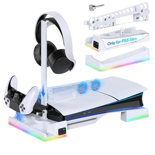 PS5 Slim Cooling & Charging Station – RGB Stand with Dual Controller Charger, Headset Holder & Game Organizer